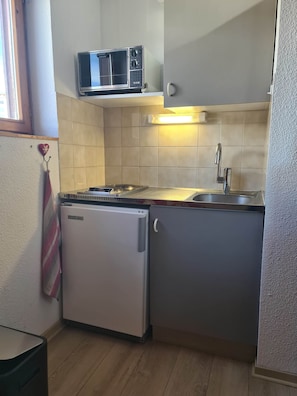A compact kitchen with a microwave, a small refrigerator, and a sink. - Ski Access Apartment w/ Mountain Views & Balcony (Saint François Longchamp)
