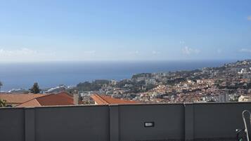 A rooftop view overlooking a coastal cityscape with buildings and the sea.