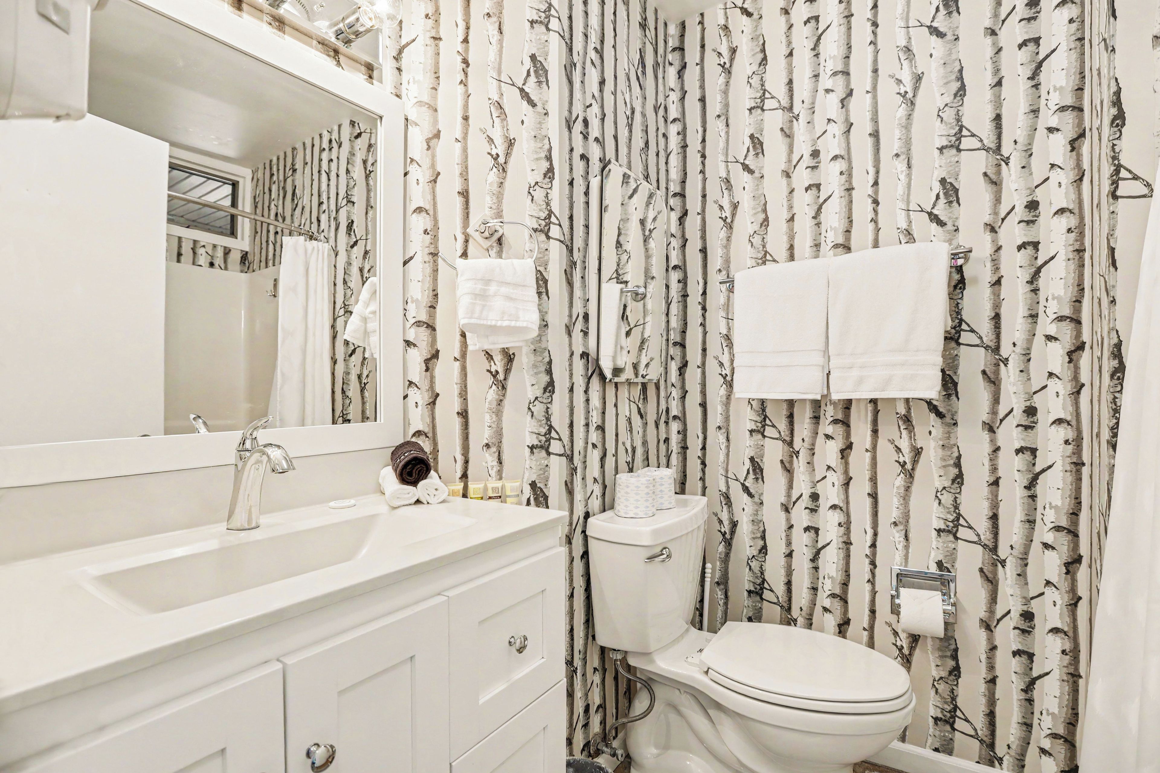 Une salle de bain avec un lavabo blanc, un miroir, des toilettes et un mur orné d’un motif représentant un bouleau.