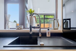Una cocina con un lavamanos negro, un jarrón blanco con una planta y una botella de jabón para manos.
