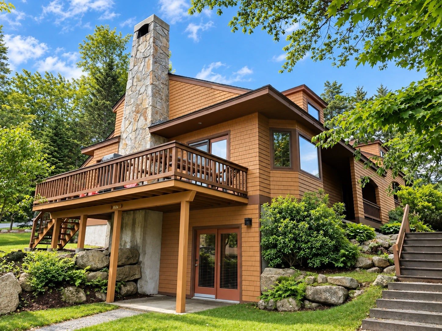 Une maison à deux étages avec une cheminée en pierre, une terrasse en bois et des fondations en pierre.