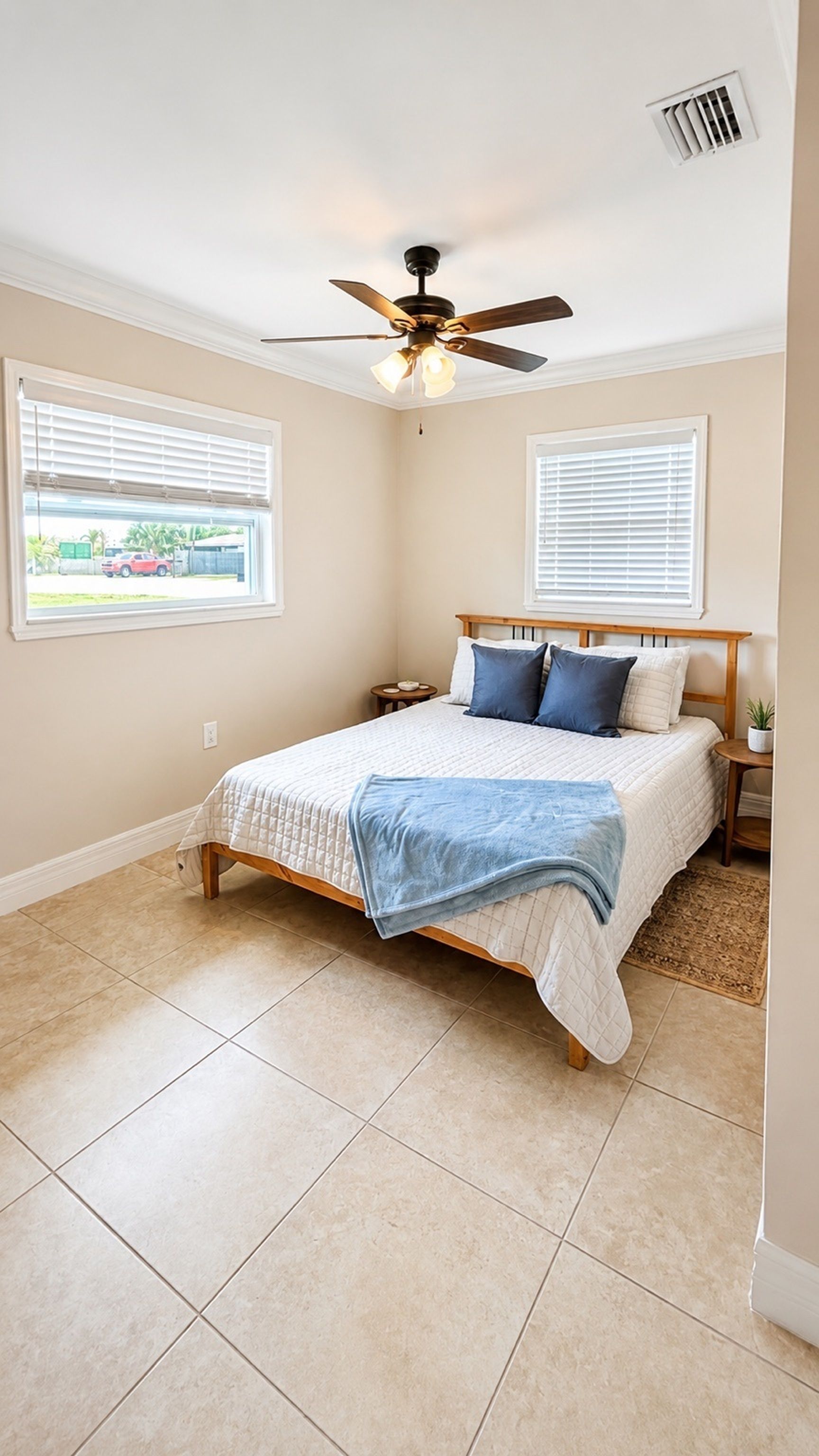 A bedroom with a bed, a ceiling fan, and two windows with blinds.