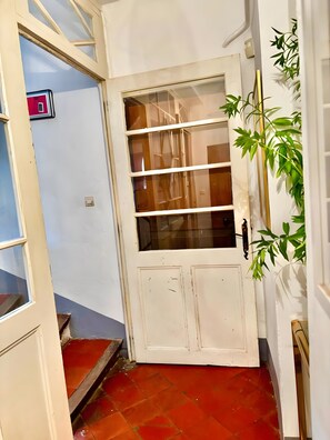 A white door with a glass panel, a red-tiled floor, and a green plant beside it.