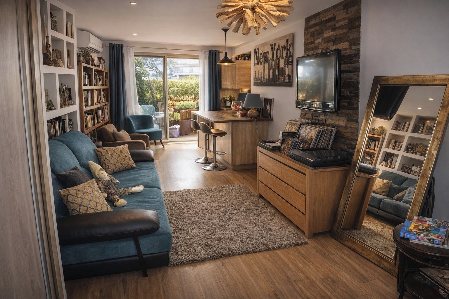 A living room with a blue sofa, a coffee table, a TV, a bookshelf, and a dining area with a bar stool.