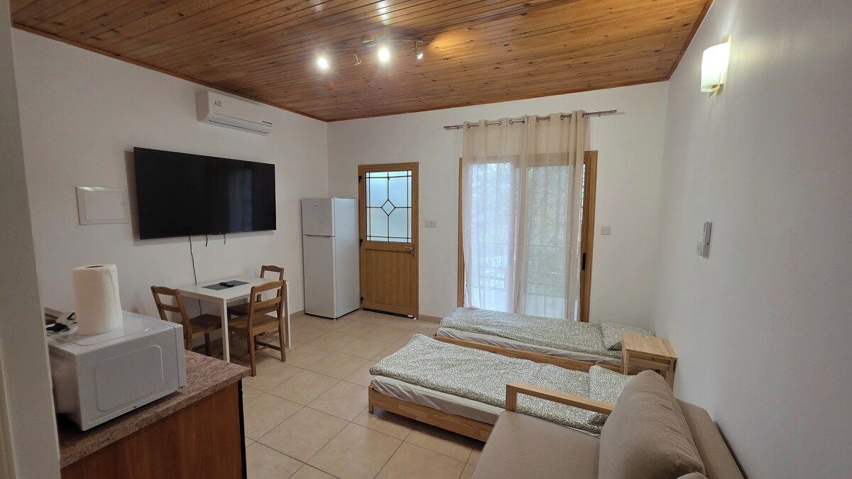 Ein Zimmer mit Fernseher, Mikrowelle, Kühlschrank, einem Esstisch mit Stühlen und zwei Betten, darunter ein Fenster mit Vorhängen.