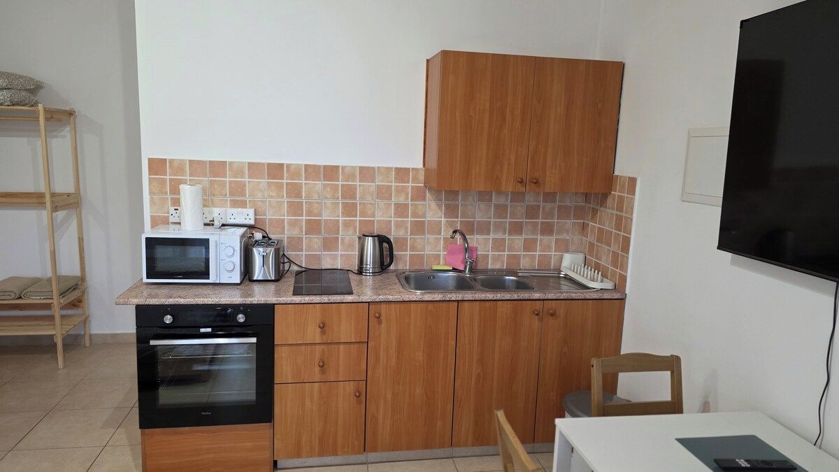A compact kitchen with wooden cabinets, a microwave, an oven, a sink, and a television mounted on the wall.