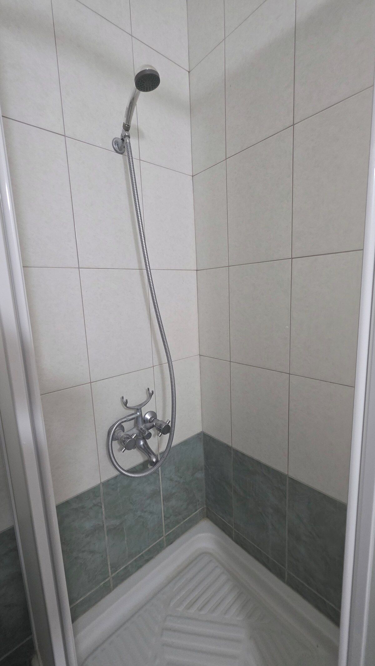 A shower area with a handheld showerhead and a wall-mounted faucet.