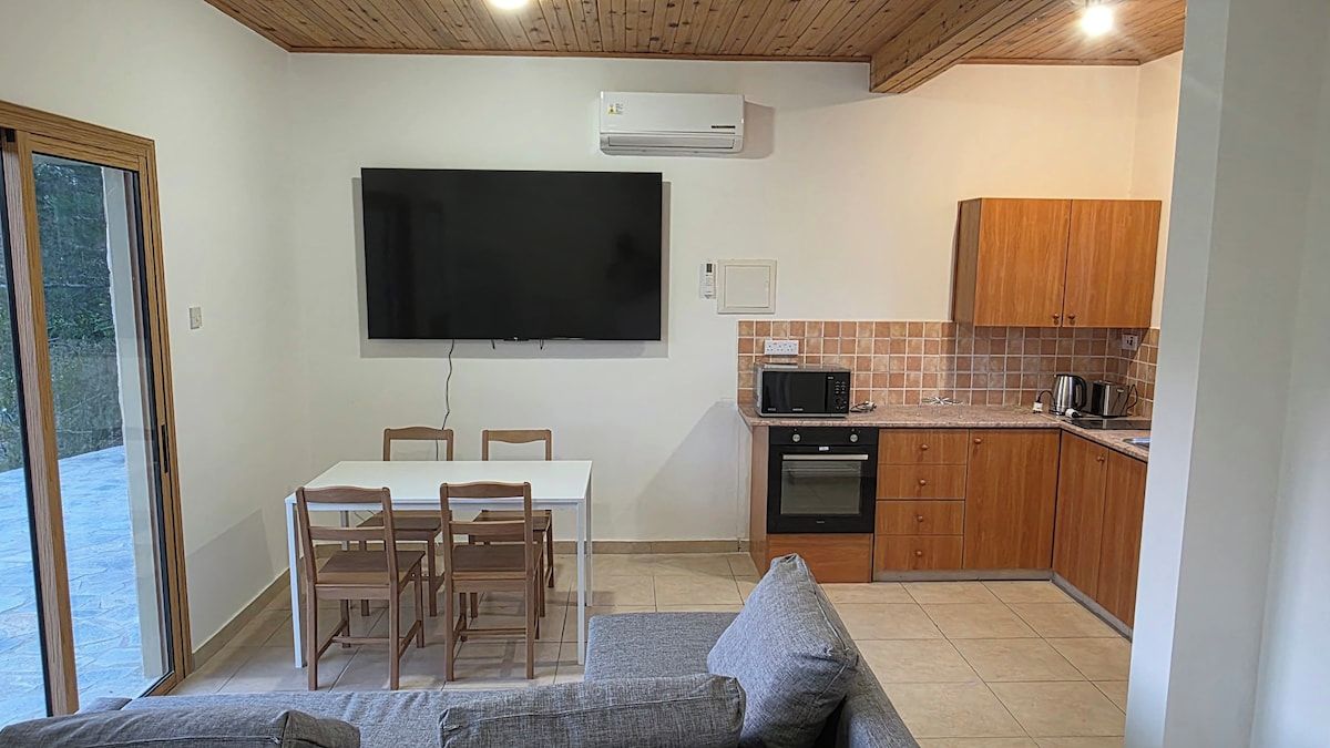 Ein kompakter Wohnbereich mit Essplatz, Küchenzeile und flach an der Wand montiertem Fernseher.