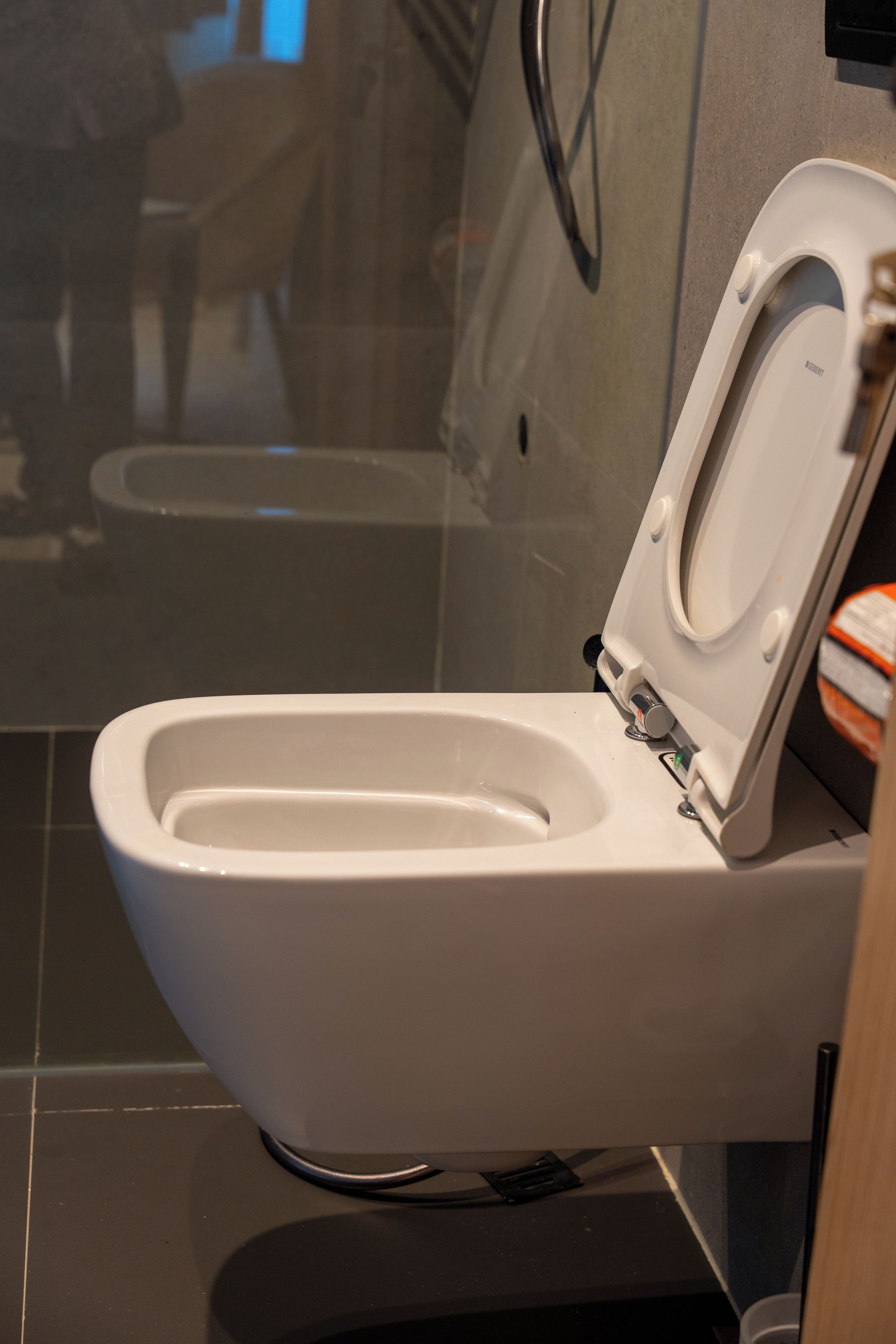 A modern toilet with a closed lid, a visible flush handle, and a wall-mounted bidet attachment.
