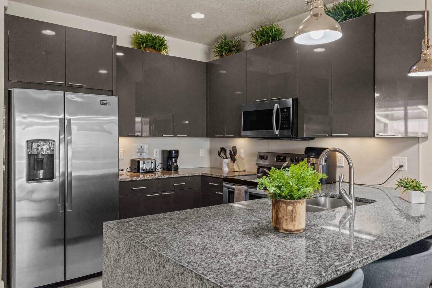 Une cuisine moderne avec des meubles de couleur sombre, des appareils en acier inoxydable, des comptoirs en granit et un îlot central doté d’un évier et de plantes.