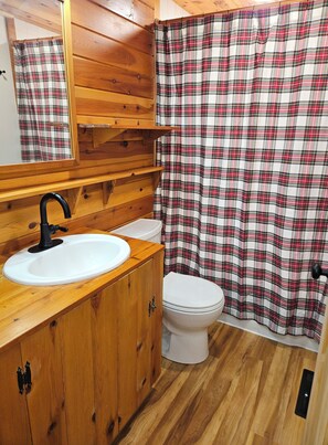 A bathroom with a wooden vanity, a white sink, and a toilet. - Camp Jay Cloud - Views of the slopes! 4 bedroom 2 bath 
VAST trails! (Jay)