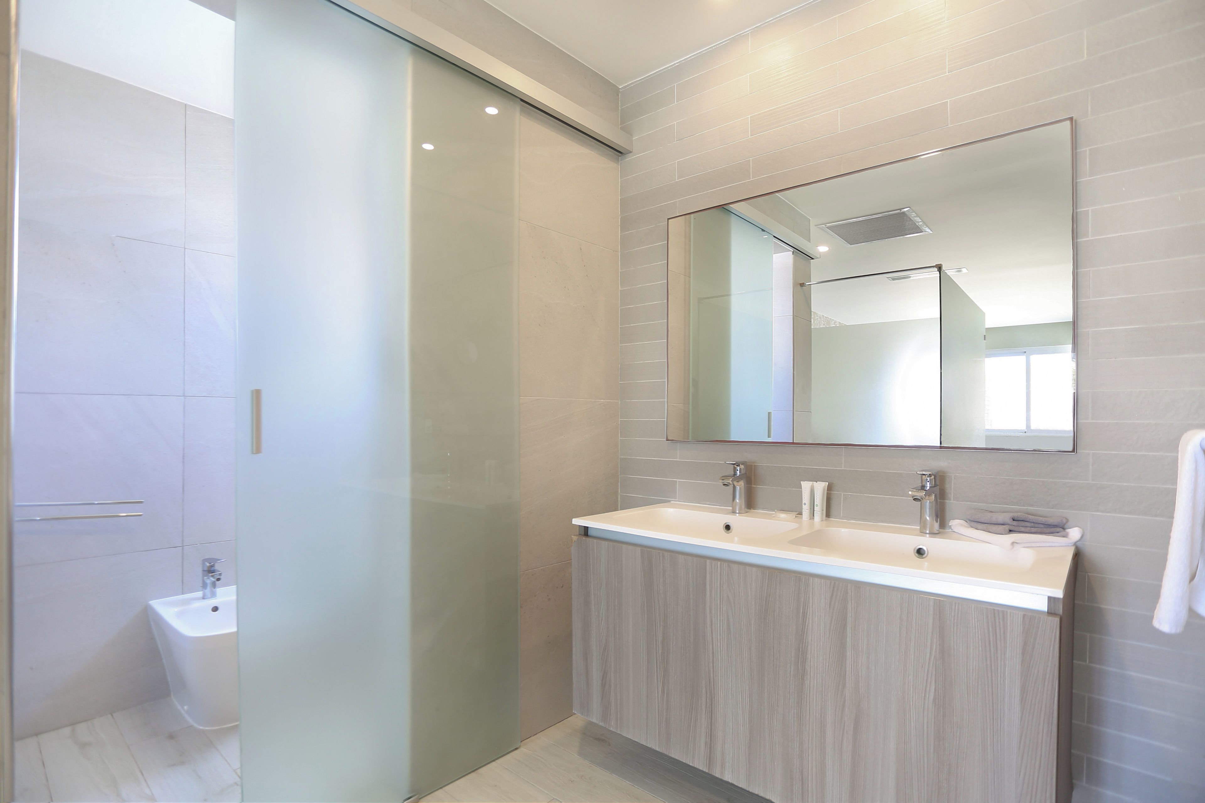 Une salle de bain moderne avec une douche à parois de verre, un meuble-lavabo à deux vasques et un grand miroir.