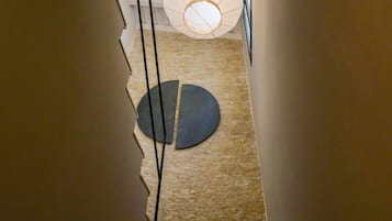 Un couloir doté d’un sol en pierre, d’un tapis rond de couleur sombre et d’un luminaire suspendu.