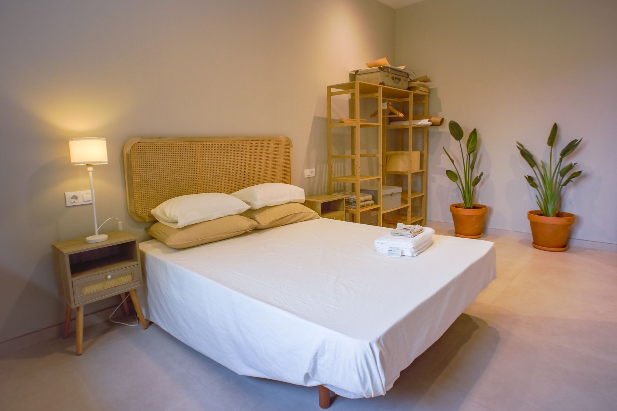 Une chambre à coucher avec un grand lit, une table de chevet, une lampe, une tête de lit en bois, un meuble de rangement et deux plantes en pot.