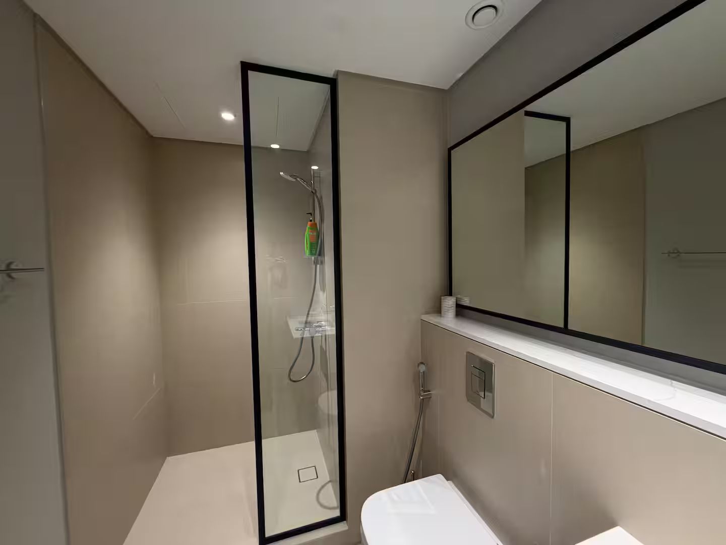 A modern bathroom with a glass-enclosed shower, a large mirror, and a white sink.