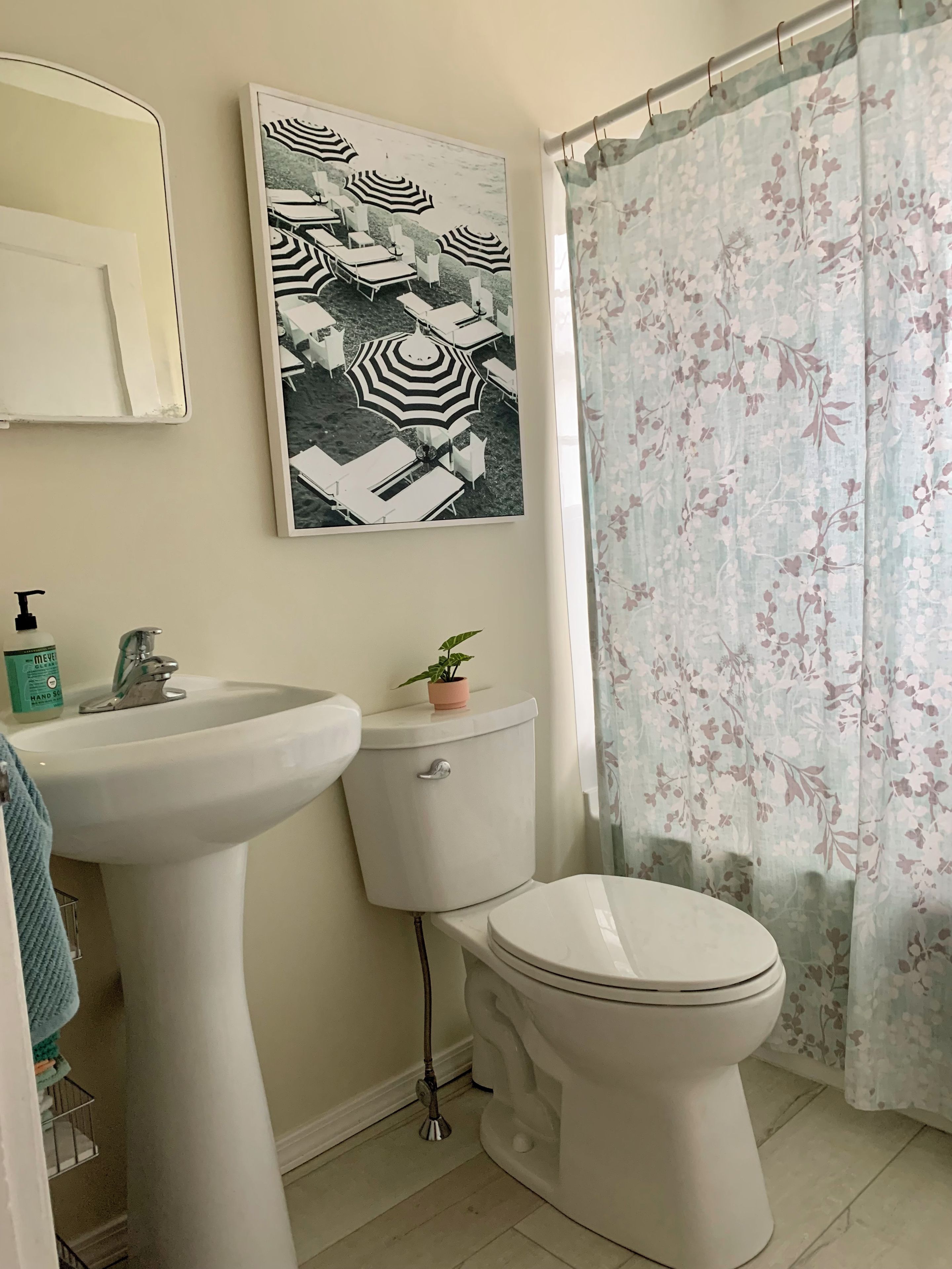 Un baño con lavamanos, inodoro y un cuadro enmarcado sobre el lavamanos.
