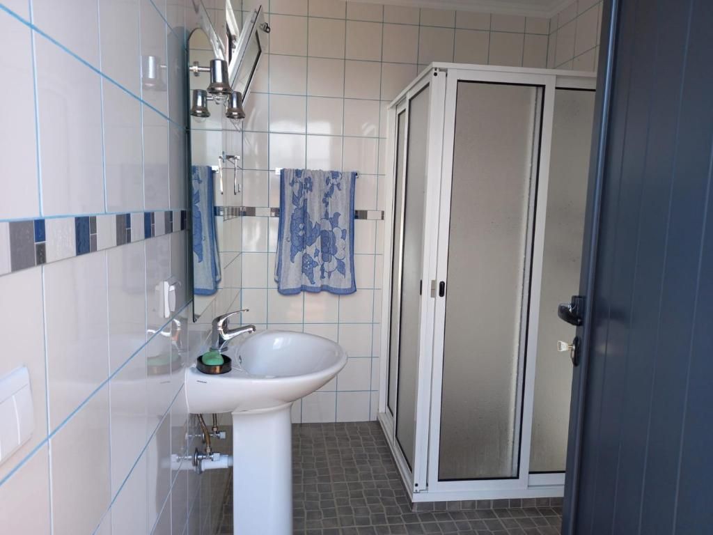 Un baño con lavamanos blanco, ducha con puerta de vidrio y paredes con azulejos.