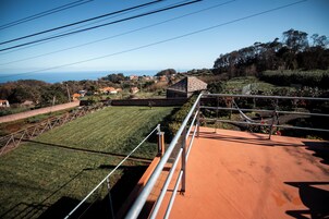 A terrace with a view of a coastal village, a metal railing, and a grassy area.