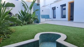 Un espace extérieur moderne avec une pelouse artificielle, une petite piscine et des plantes en pot.
