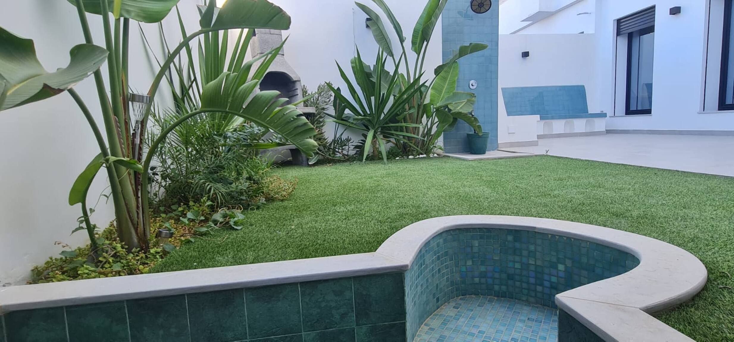 A courtyard with artificial grass, a tiled pool, and various plants.