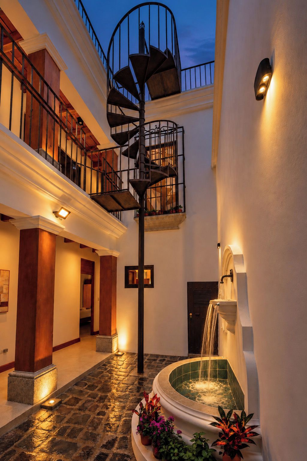 Ein mehrgeschossiges Interieur mit einer zentralen Wendeltreppe, einem Brunnen und einem gut beleuchteten Gang.
