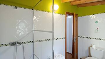 A bathroom with a shower, toilet, and a visible door leading to another room.