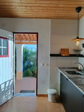 Eine moderne Küche mit Holzboden, einer eingebauten Spüle und Blick durch eine offene Tür in einen überdachten Außenbereich.