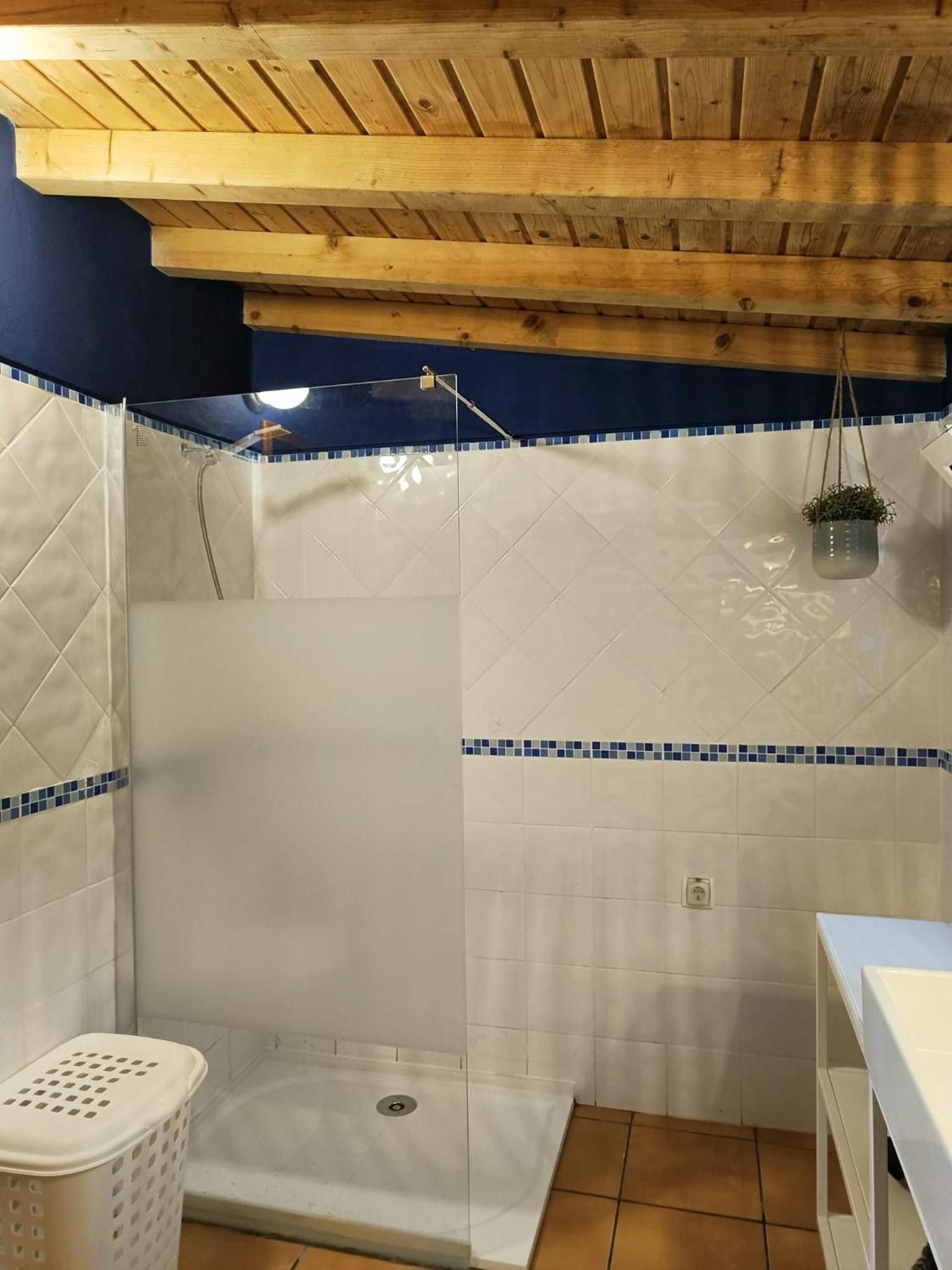 Un área de ducha con techo de madera, azulejos blancos con detalles azules y una planta pequeña.