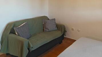 Una habitación con un sofá verde, dos almohadas estampadas, un cuadro de cebra en la pared y una lámpara colgante.