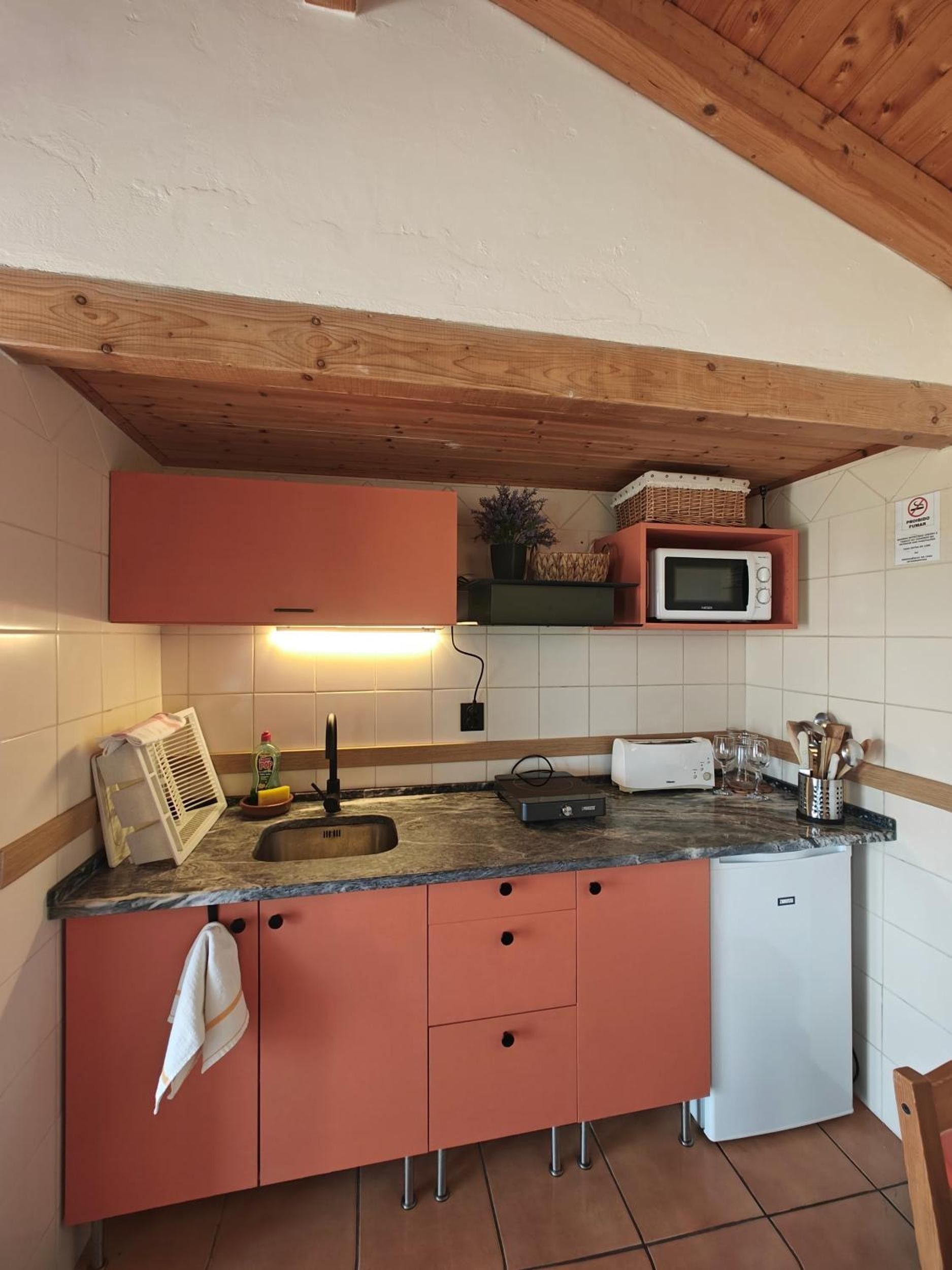 Una cocina con microondas incorporado, un lavamanos y un refrigerador pequeño.