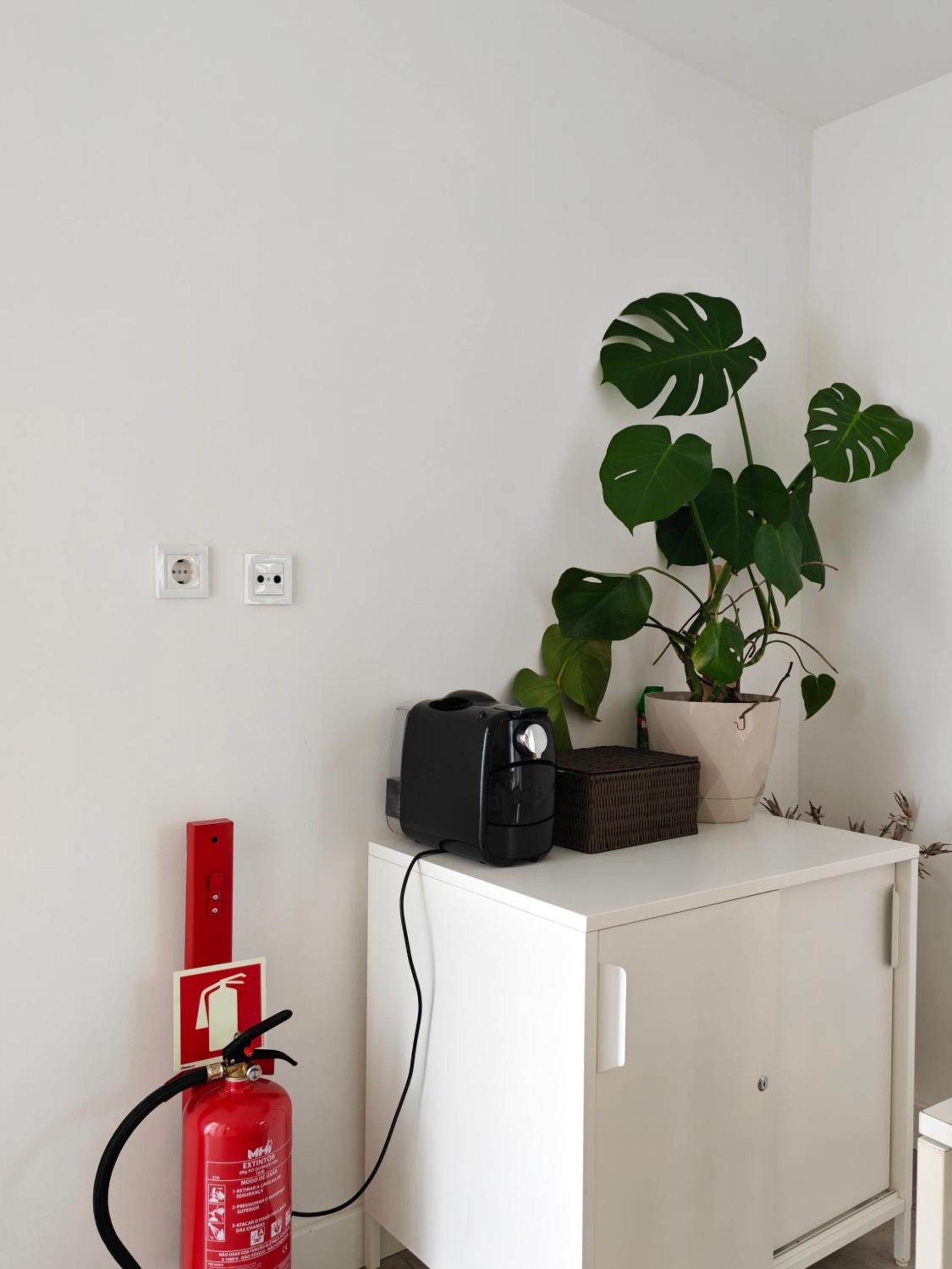 Et hvidt skab med en sort enhed og en potteplante ovenpå.