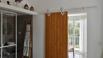 A room with a sliding wooden door, a glass shower enclosure, and a view of the outdoors.