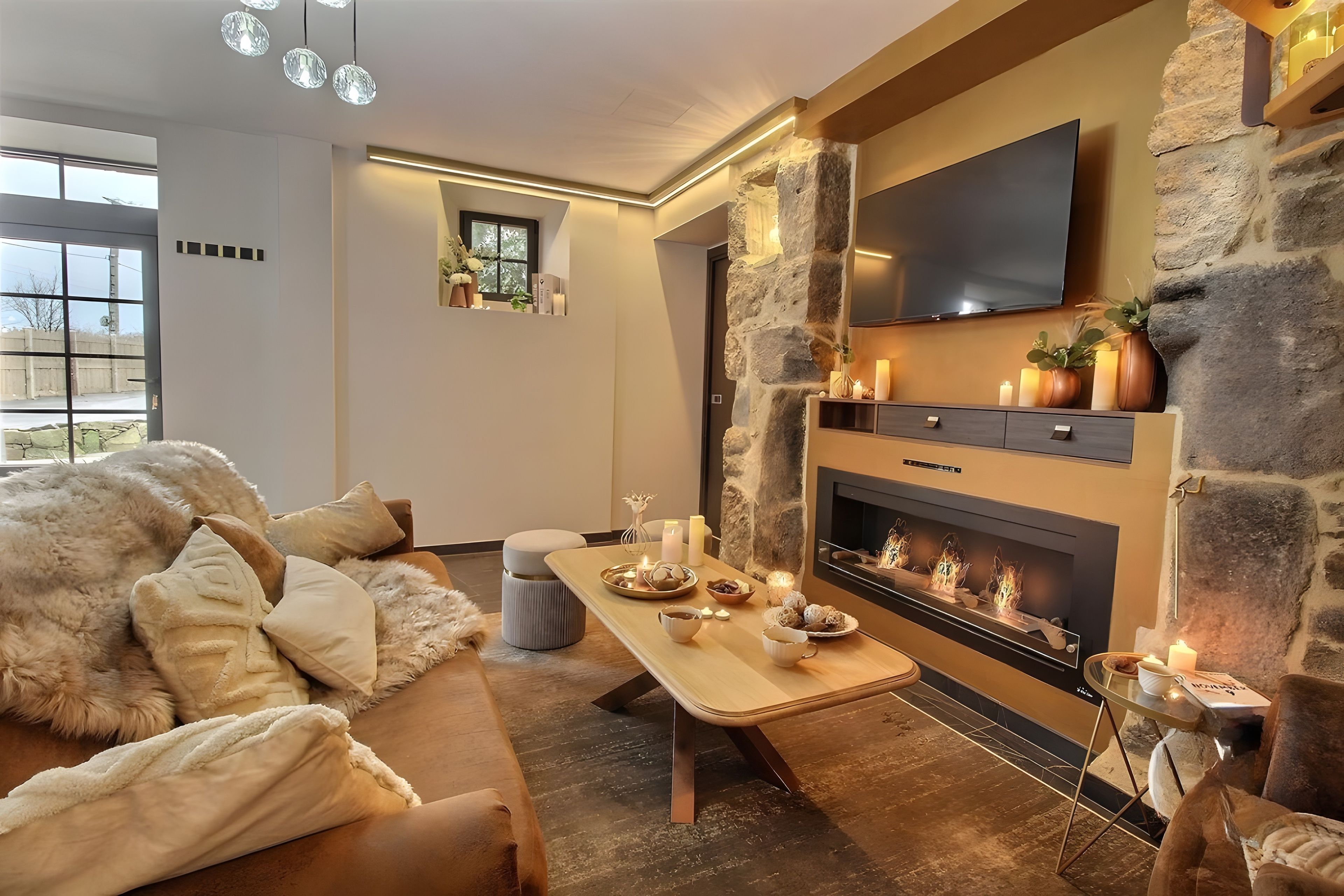 Un salon chaleureux avec une cheminée en pierre, un téléviseur à écran plat fixé au-dessus, et un coin salon confortable agrémenté de coussins.
