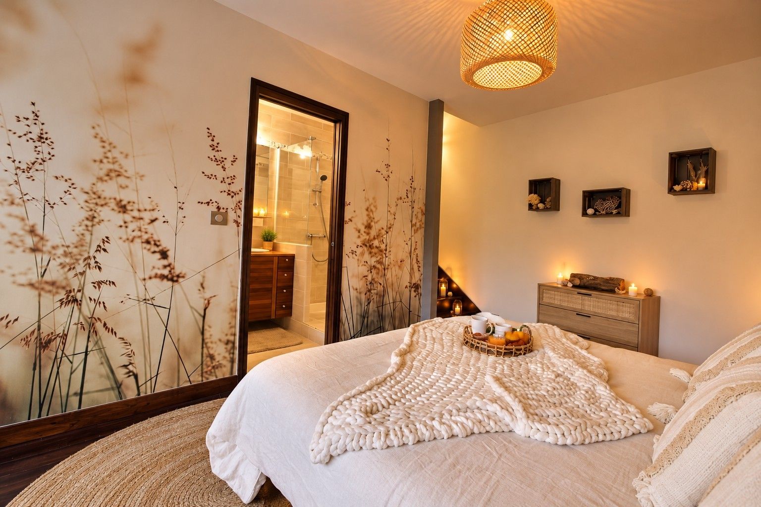 Un dormitorio con una cama grande, una mesita de noche con lámpara, un espejo y una pared con estampado floral.