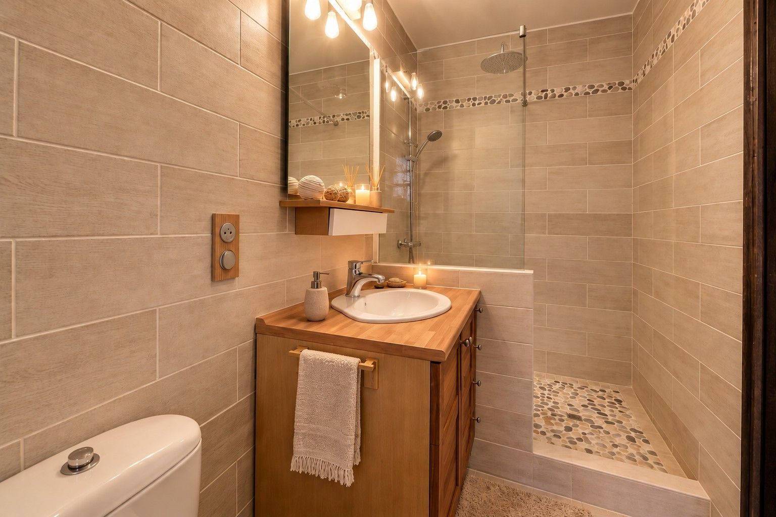 Une salle de bain avec un meuble-lavabo en bois, un évier, un miroir et un espace douche.