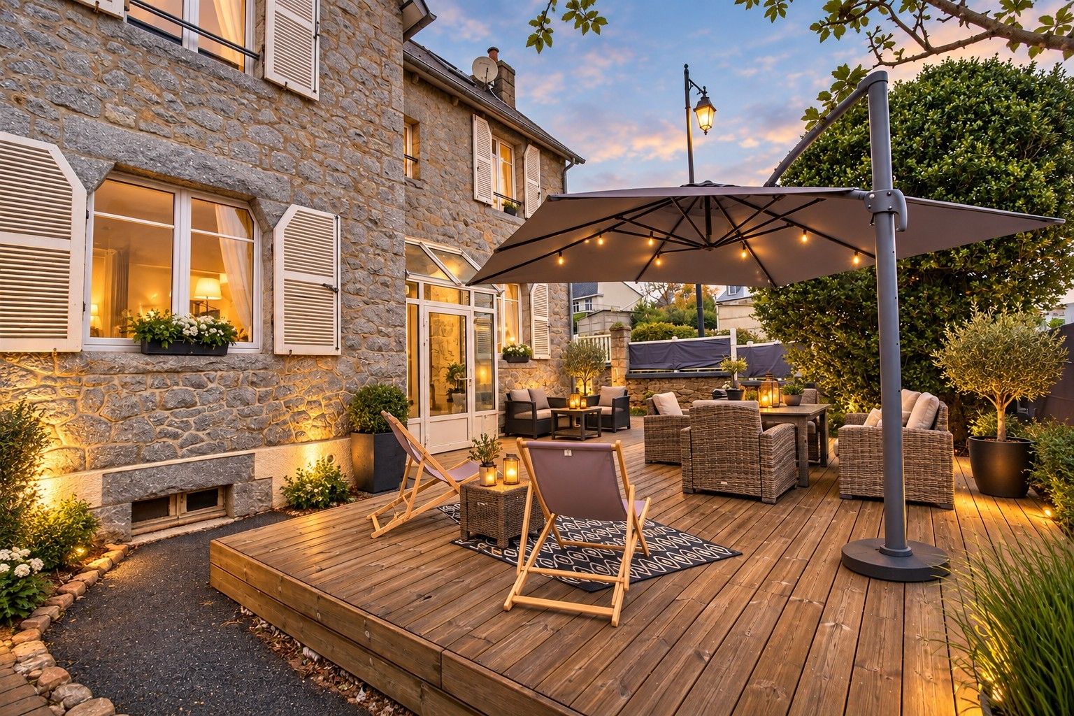A wooden deck with outdoor furniture, a large umbrella, and a stone building with windows.
