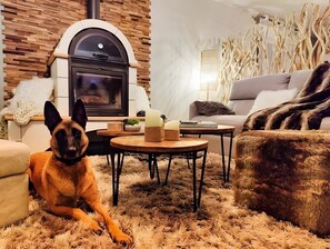 Un accogliente soggiorno con camino, un divano, un tavolino da caffè e un cane.