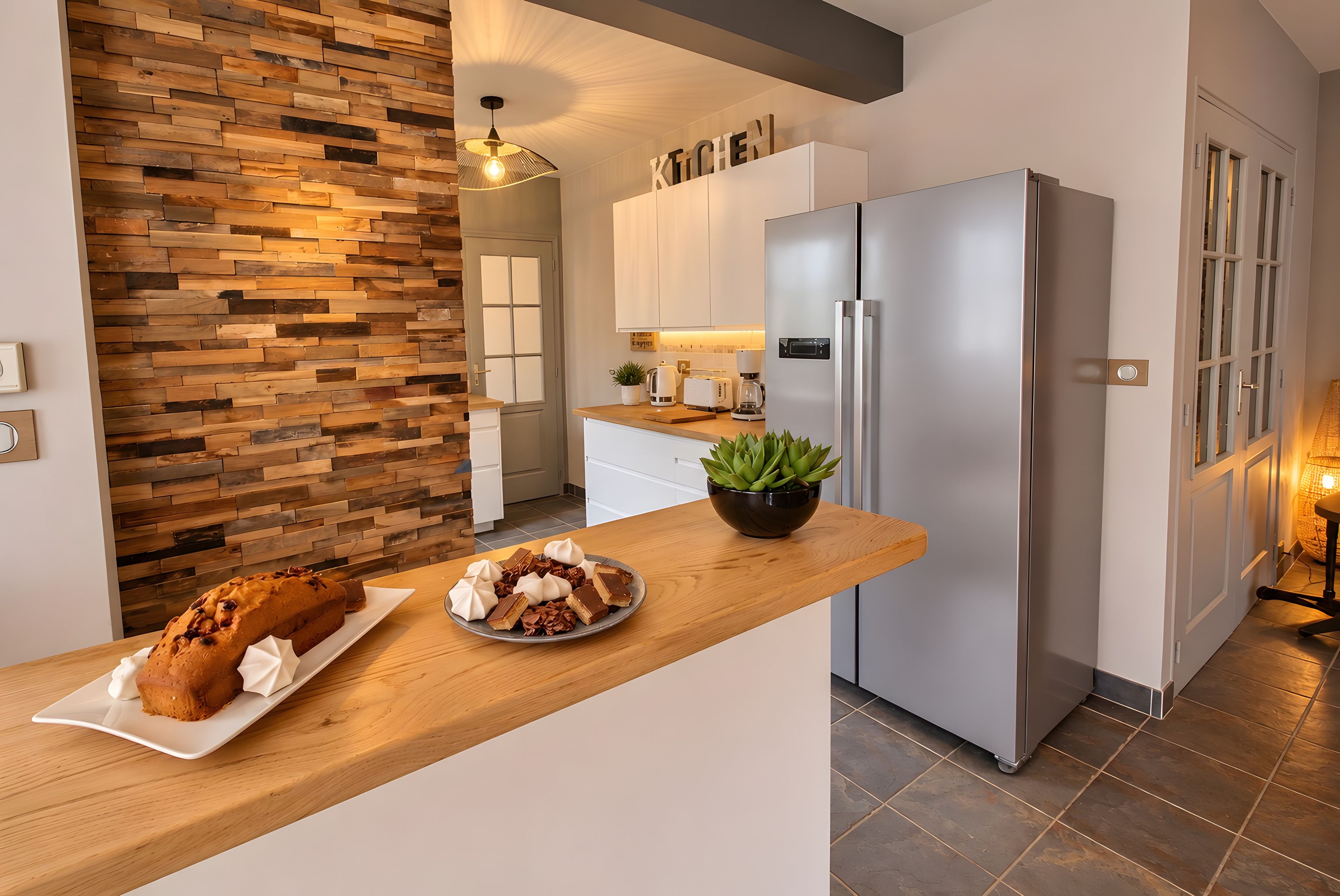 Une cuisine moderne avec un plan de travail en bois, un réfrigérateur en acier inoxydable et une plante en pot.