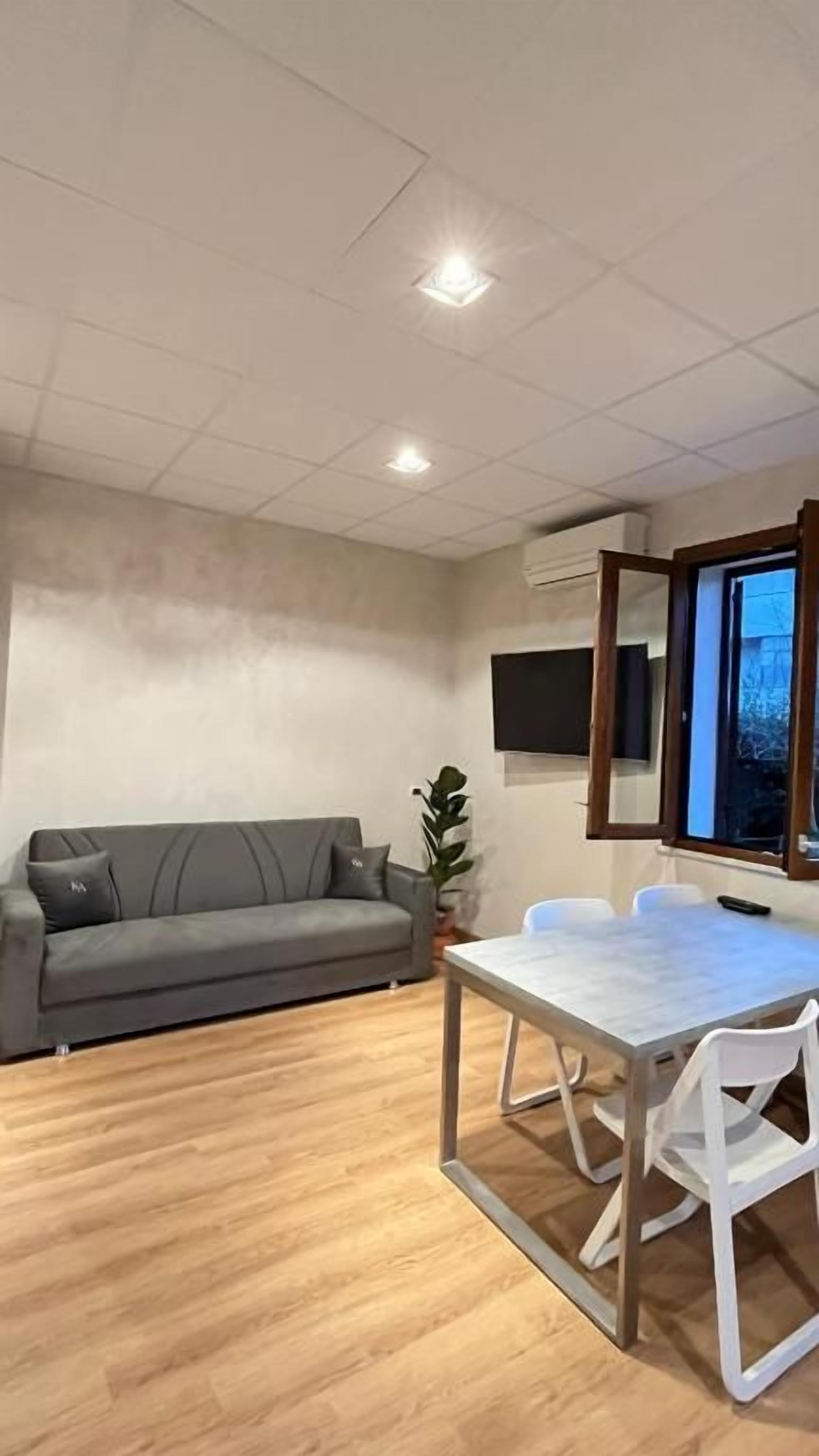 A room with a grey sofa, a white table with chairs, a TV on the wall, and a window.