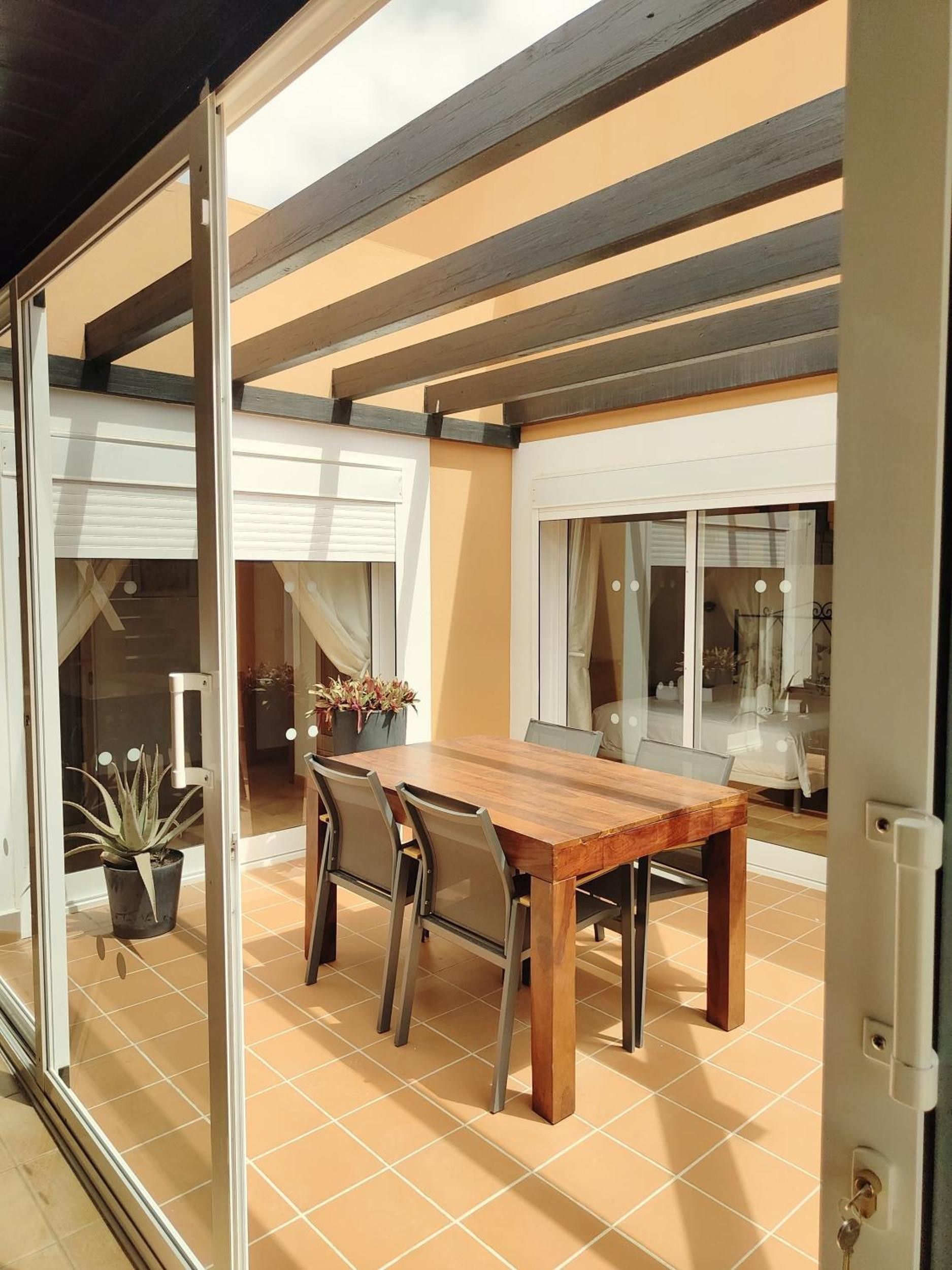 Un coin repas avec une table et des chaises en bois, une plante en pot et une porte vitrée donnant sur un espace extérieur.
