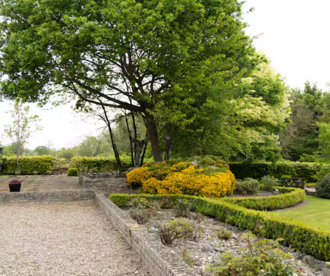 Un jardín bien cuidado con una variedad de plantas y un sendero de piedra.