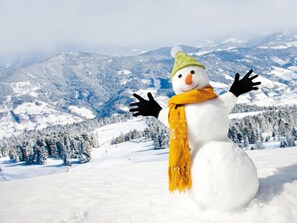 A snowman with a green hat and yellow scarf standing in a snowy landscape with mountains in the background. - One-bedroom Cabin (Sankt Georgen am Kreischberg)