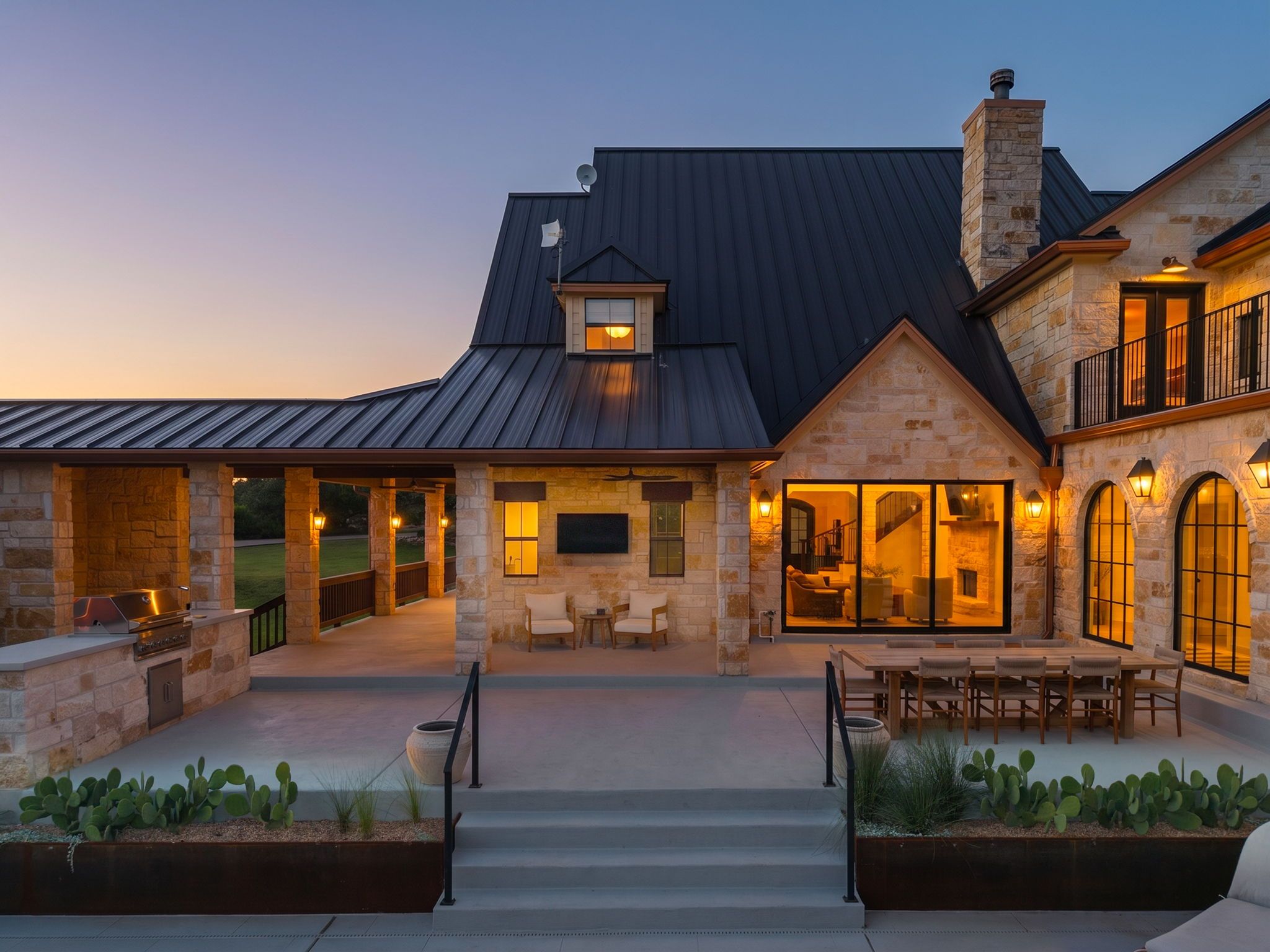 Une maison à deux étages avec une façade en pierre, un patio couvert avec des meubles d’extérieur et une grande fenêtre donnant sur la cour.