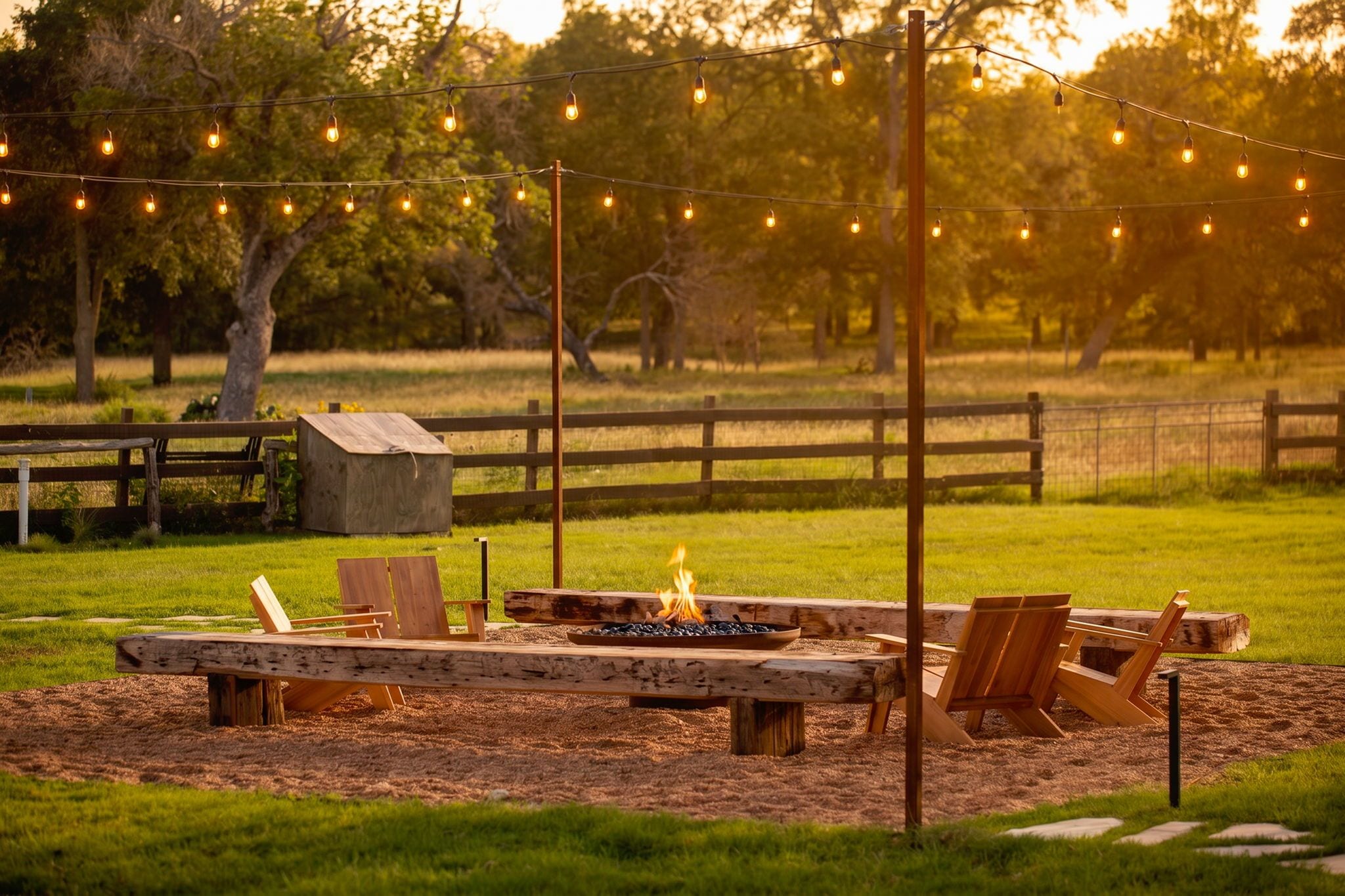 An outdoor seating area with a fire pit, wooden benches, and string lights.