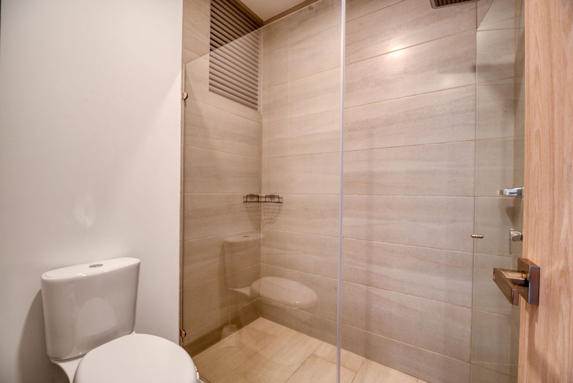 A modern bathroom with a toilet, a shower enclosure, and a wooden door.