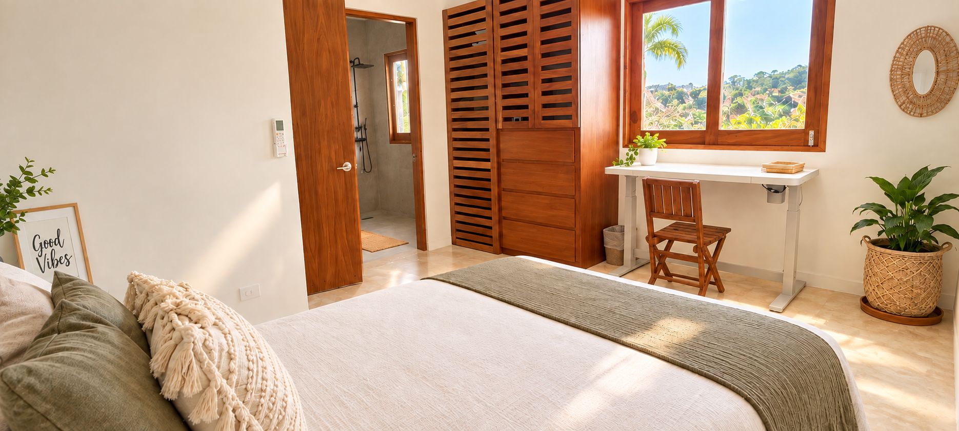Une chambre à coucher avec un lit, un bureau, une chaise, une douche et une vue sur un paysage.
