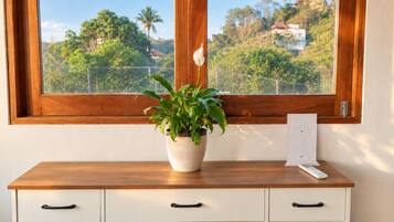 A wooden desk with a potted plant and a remote control.