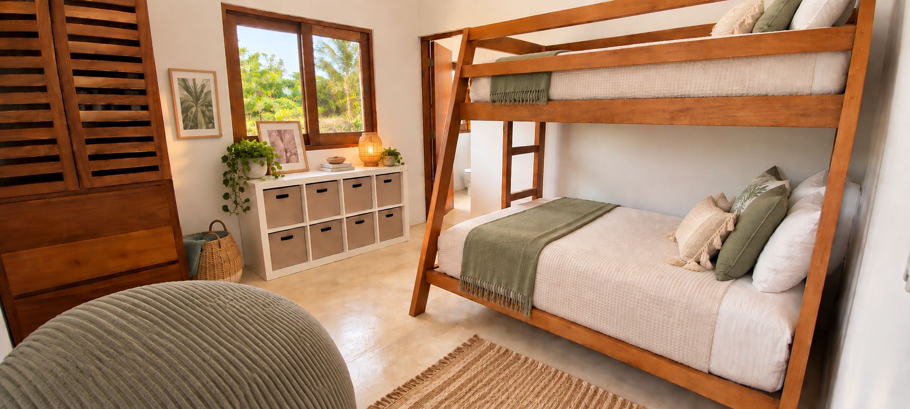 A bunk bed with a wooden frame, a bedside table with a lamp, and a view of greenery outside.