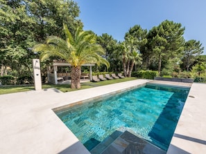 Ein rechteckiger Swimmingpool mit klarem, blauen Wasser, umgeben von einer gepflasterten Liegefläche. Im Hintergrund sind Liegestühle und eine Palme zu sehen.