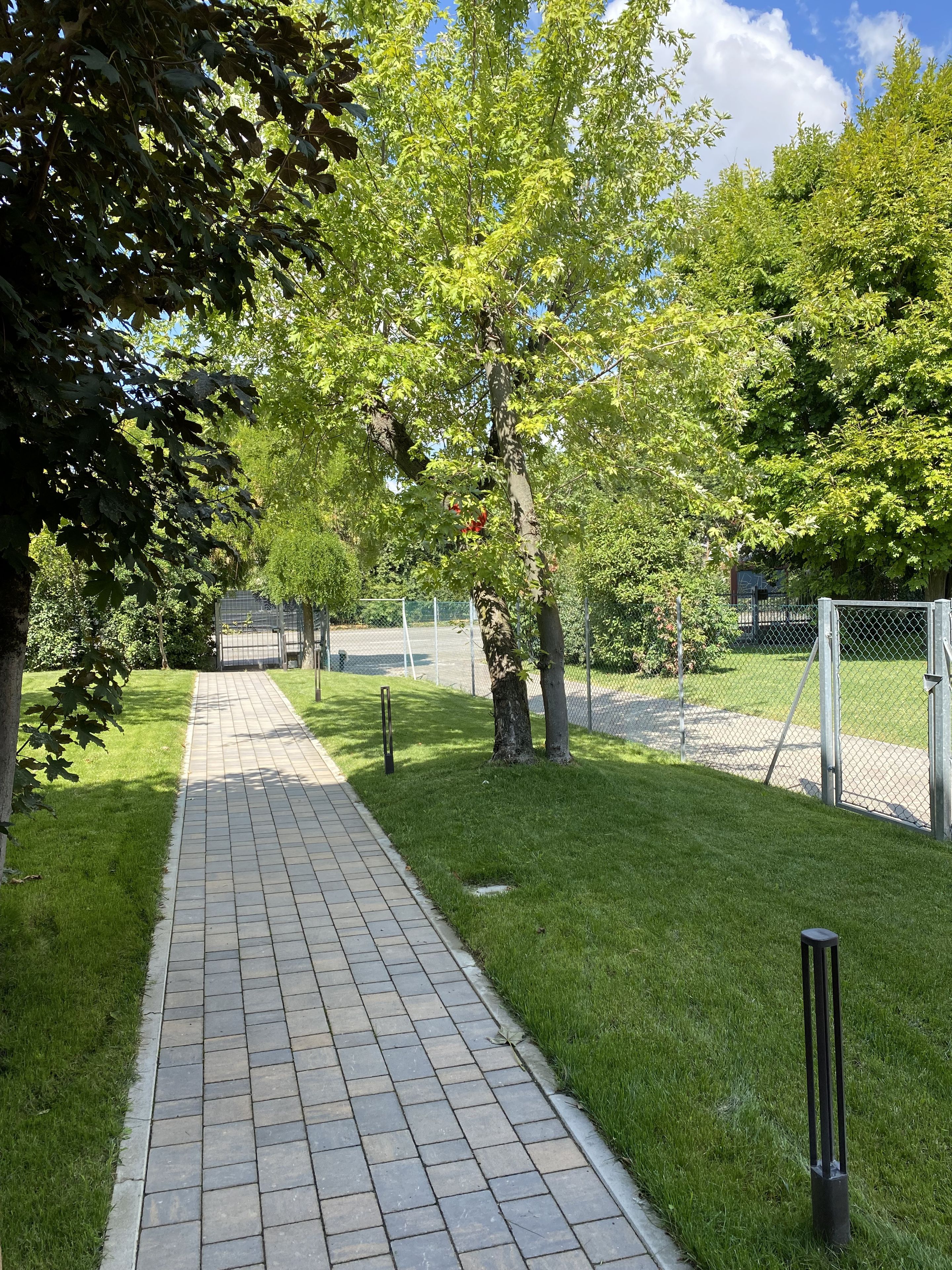 A paved pathway leading through a park with trees and a fenced area in the background.